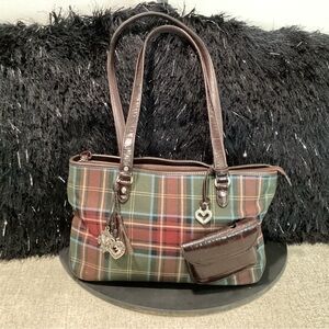 Brighton plaid canvas and leather shoulder bag with 2 silver bag charms